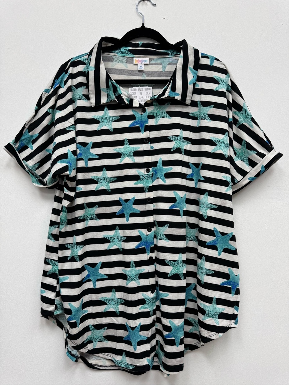 Lularoe Charlie black and White Striped Top with Teal Accents